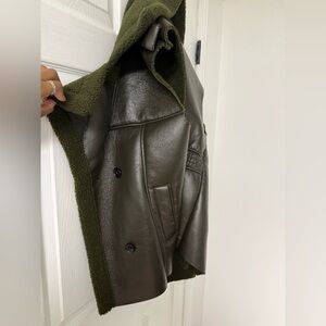 Olive Green Double-Breasted Faux Leather Vest